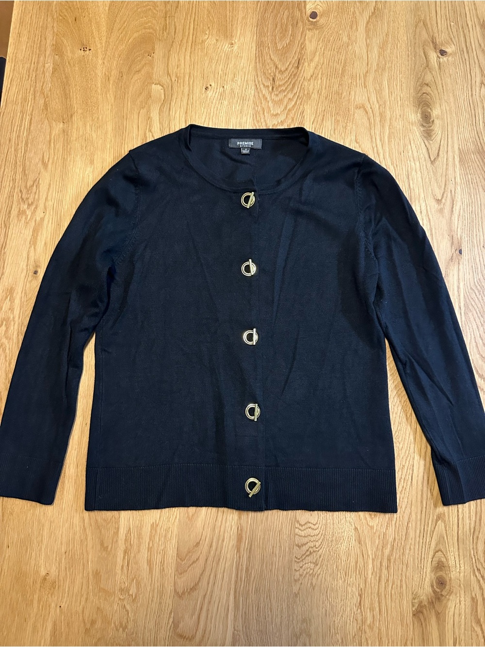 Premise Women’s Small Black Crewneck Button Cardigan Sweater 3/4 Sleeve Gold